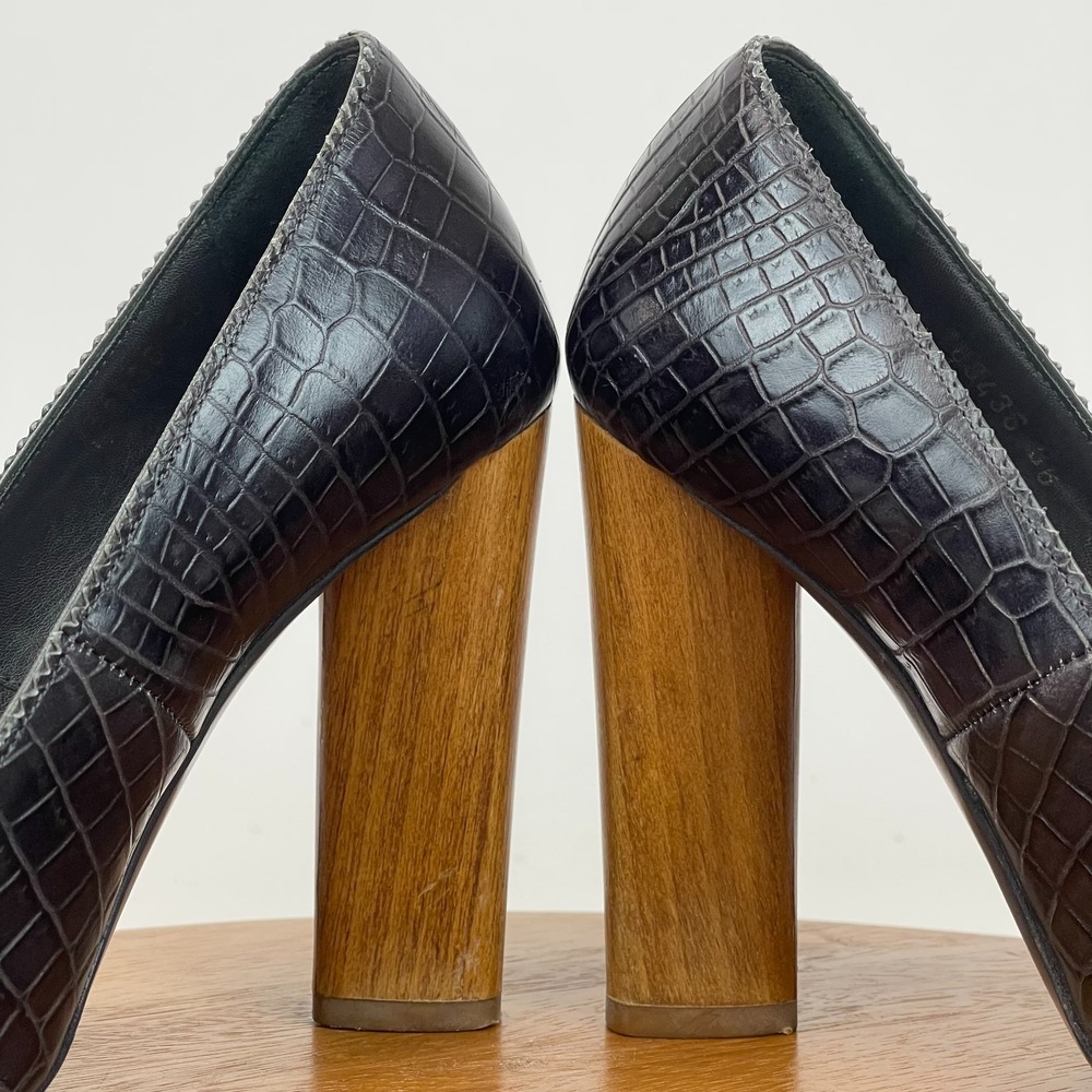 Womens YSL Saint Laurent Dark Gray Croc Print Leather Block Heels Size 36 US 6 - Picture 9 of 16